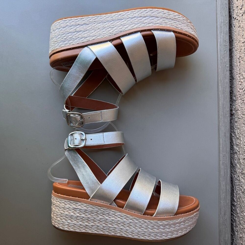 FitFlop Eloise Wedge Sandals Womens Size 8 Silver Platform Espadrille Strappy - Picture 7 of 15